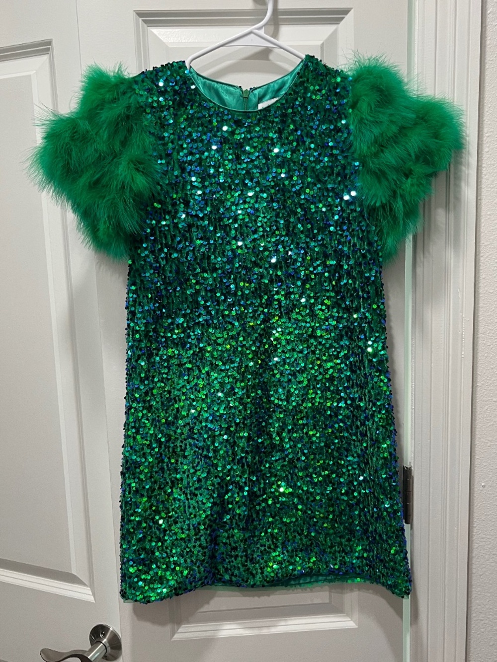 Lola + The Boys Emerald Sequin Feather Sleeve Dress Girls Size 12 Party Holiday